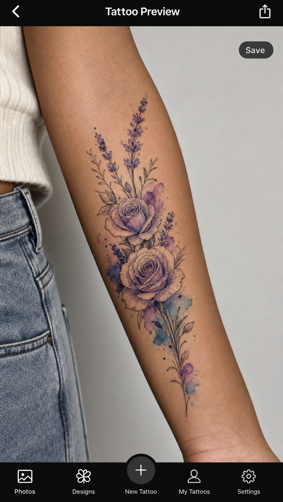 StarInk AI tattoo preview — Watercolor floral design with roses on female arm, medium skin