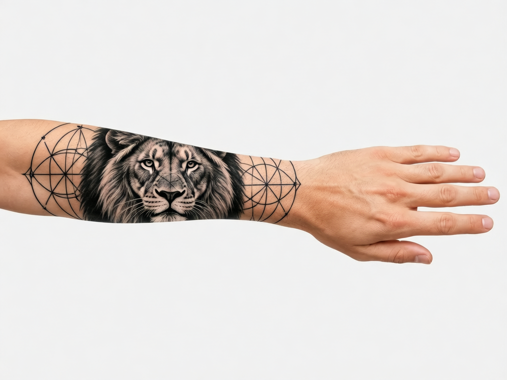 StarInk AI tattoo preview — Geometric sacred geometry pattern on male arm, precise black ink lines