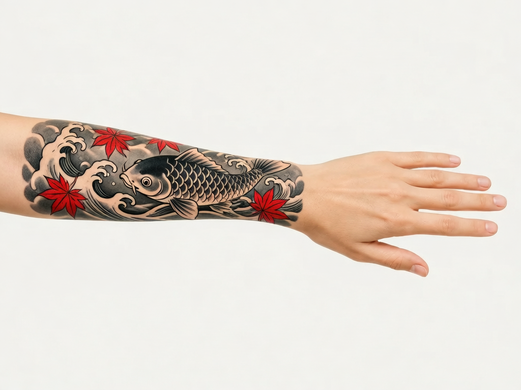 StarInk AI tattoo preview — Japanese traditional irezumi style dragon tattoo on male arm, bold outlines, rich colors