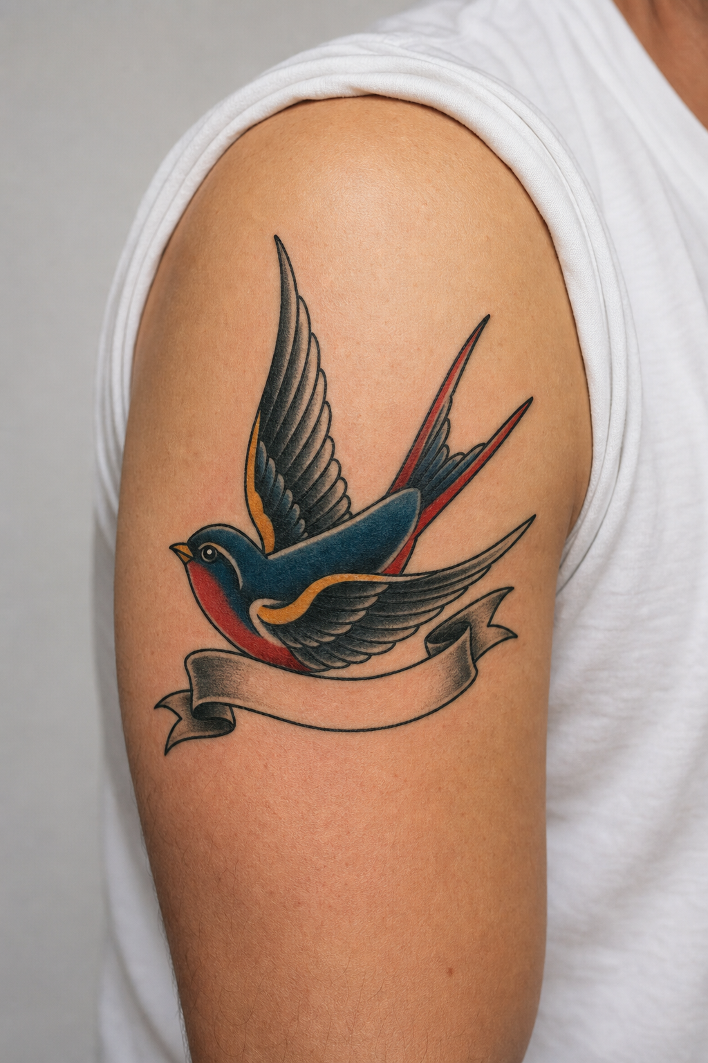 StarInk AI tattoo preview — Traditional American style swallow bird on male arm, bold outlines