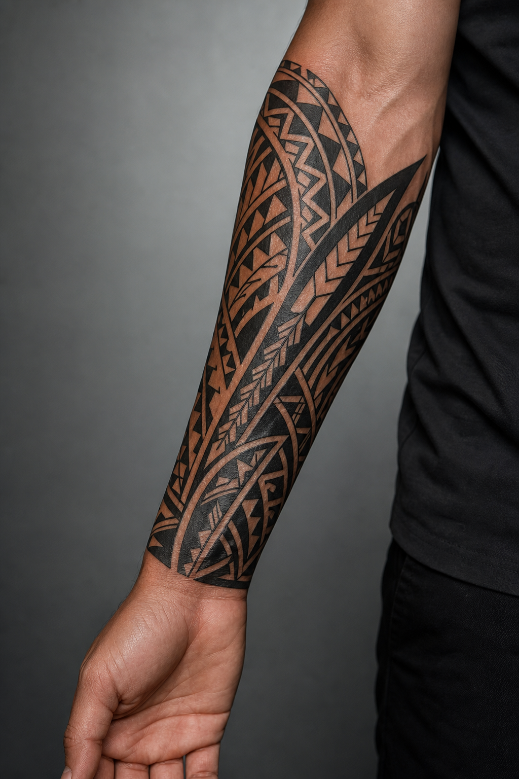 StarInk AI tattoo preview — Polynesian tribal pattern on male forearm, geometric black ink